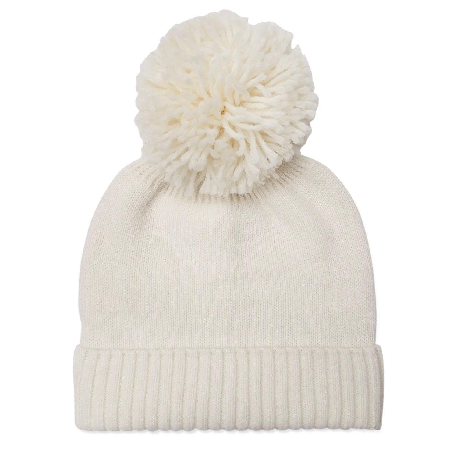 Cream cashmere bobble hat with ribbed turn up and removeable bobble