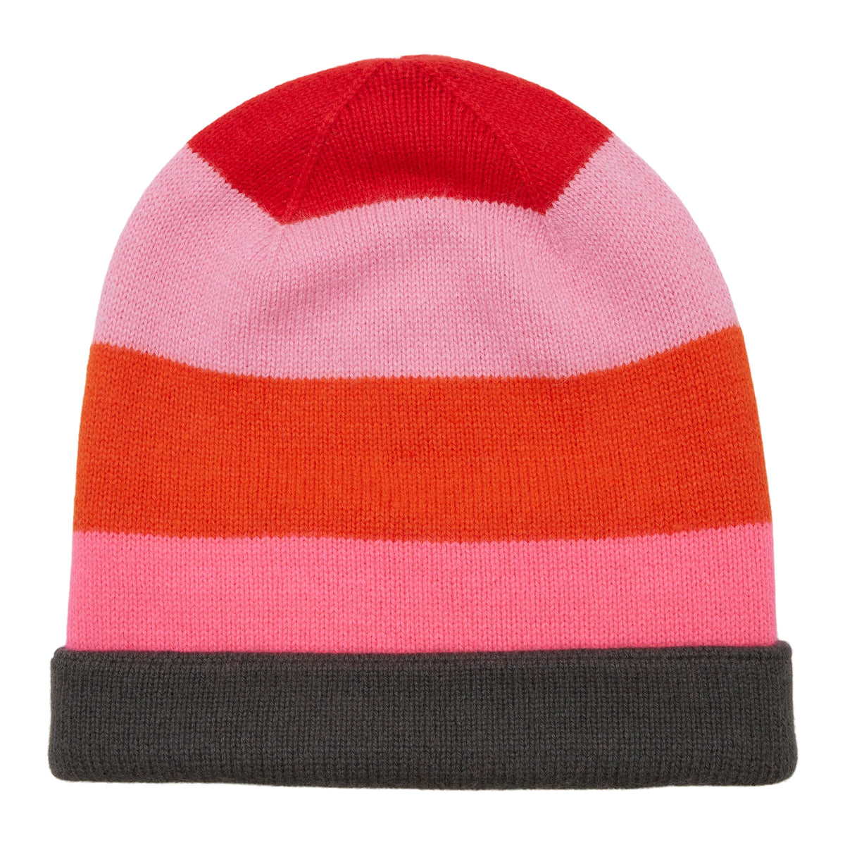 Colour block cashmere beanie in red pink oranges and grey