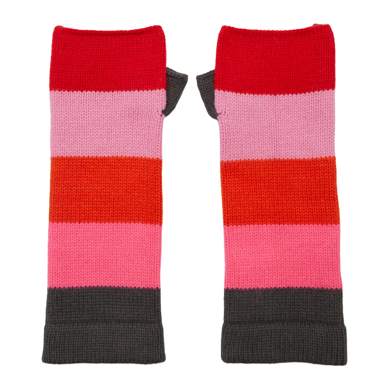 Colour block cashmere wrist warmers in charcoal grey pinks orange and red