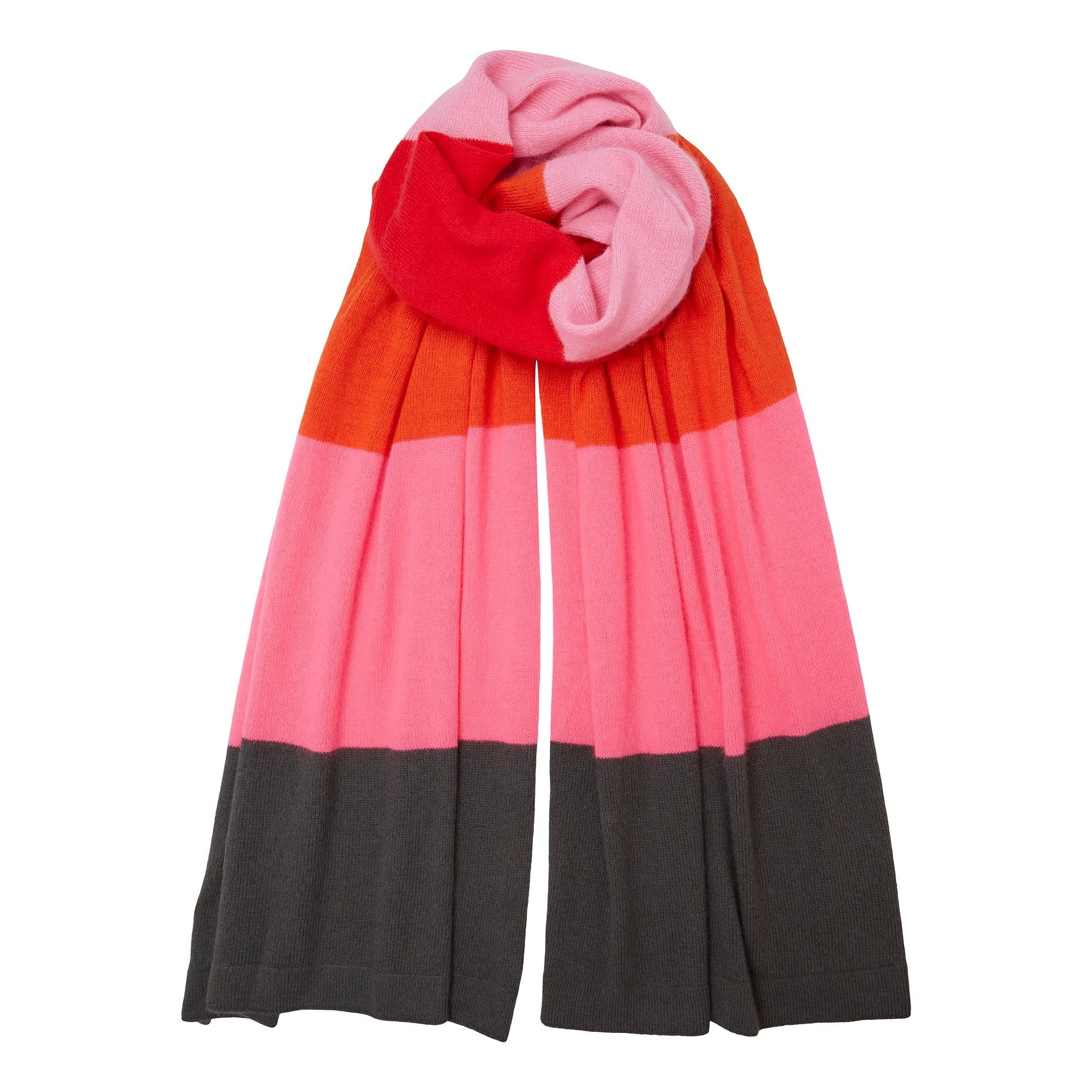 Oblong 100% cashmere striped scarf in pink orange red and grey