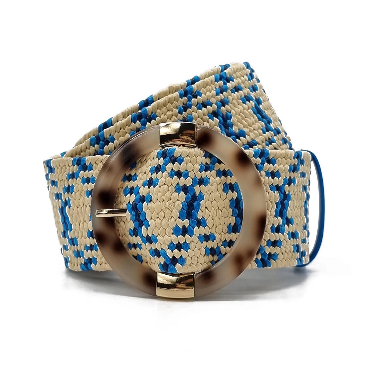 Natural and blue woven elasticated belt with resin buckle and gold trim