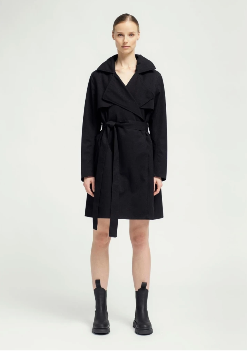 Black waterproof trench coat with magnetic fastenings and a tie belt