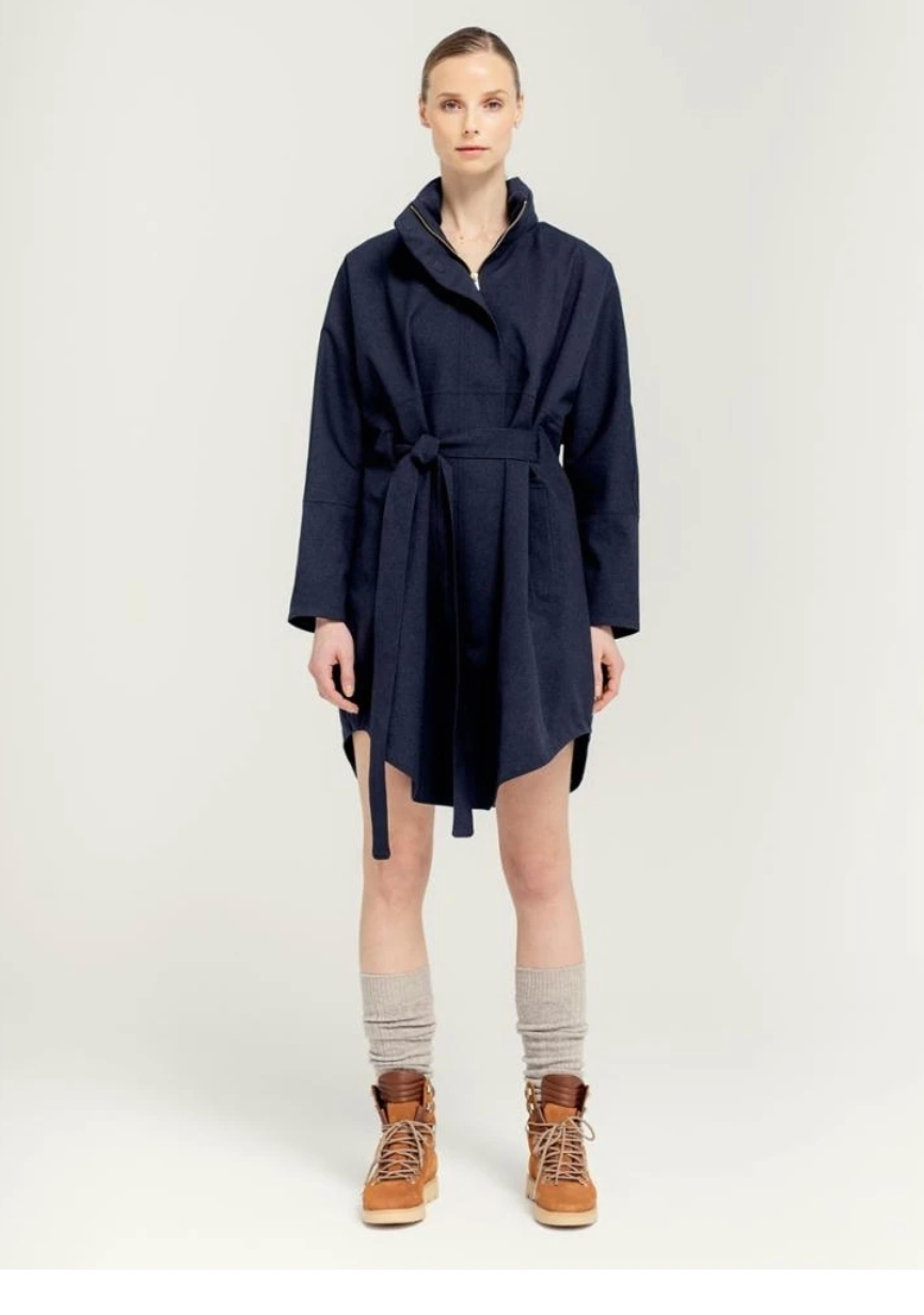 Navy knee length rain coat with concealed hood