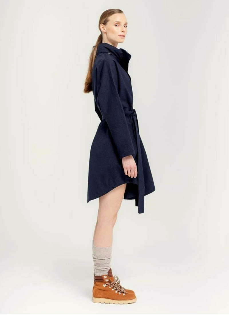 Navy knee length rain coat with concealed hood