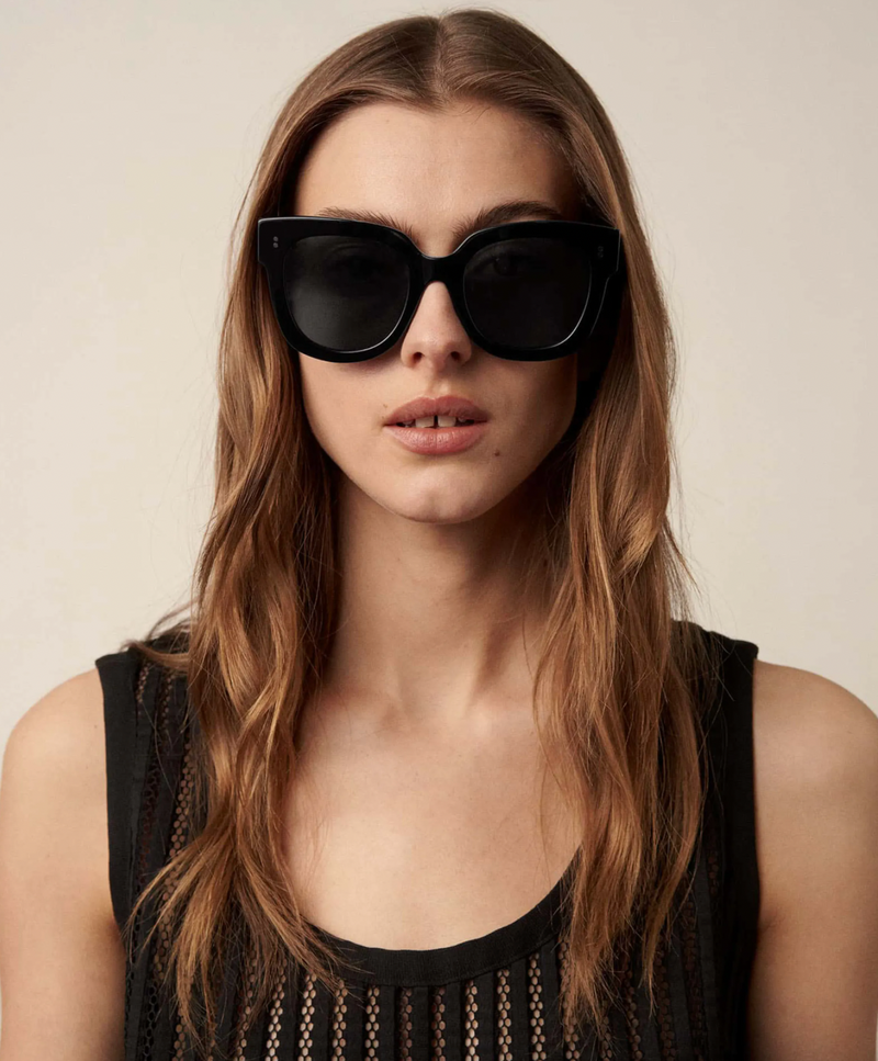 Oversize black sunglasses with a a black lense model shot