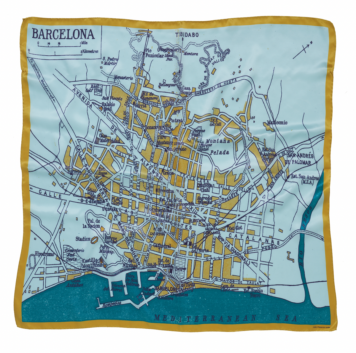 hand made silk scarf with the city of Barcelona road map