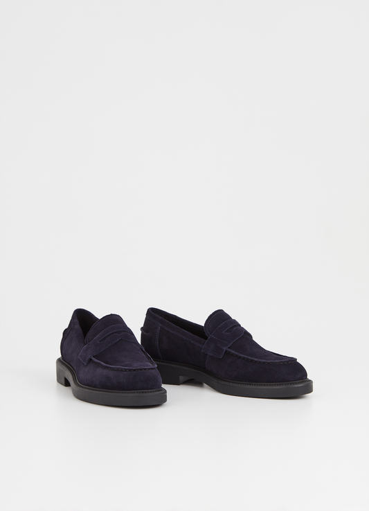 Indigo suede penny loafer