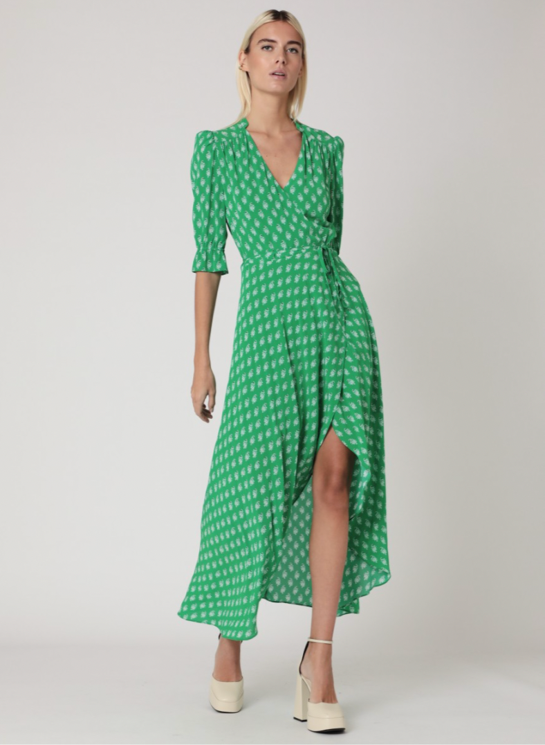 Wrap dress in bright green with floral detail