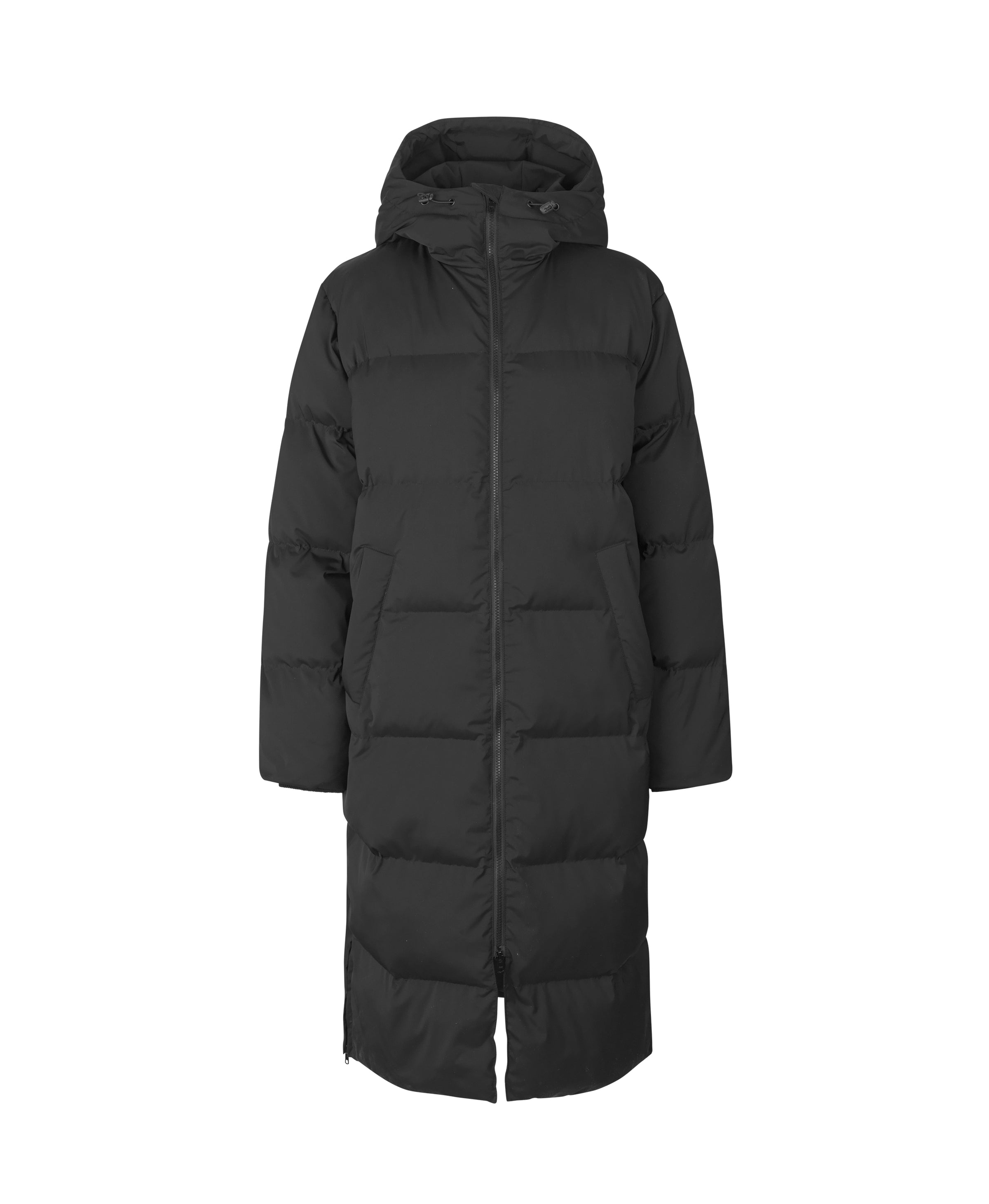 Long quilted and padded winter coat with full length zip fastening and large padded hood