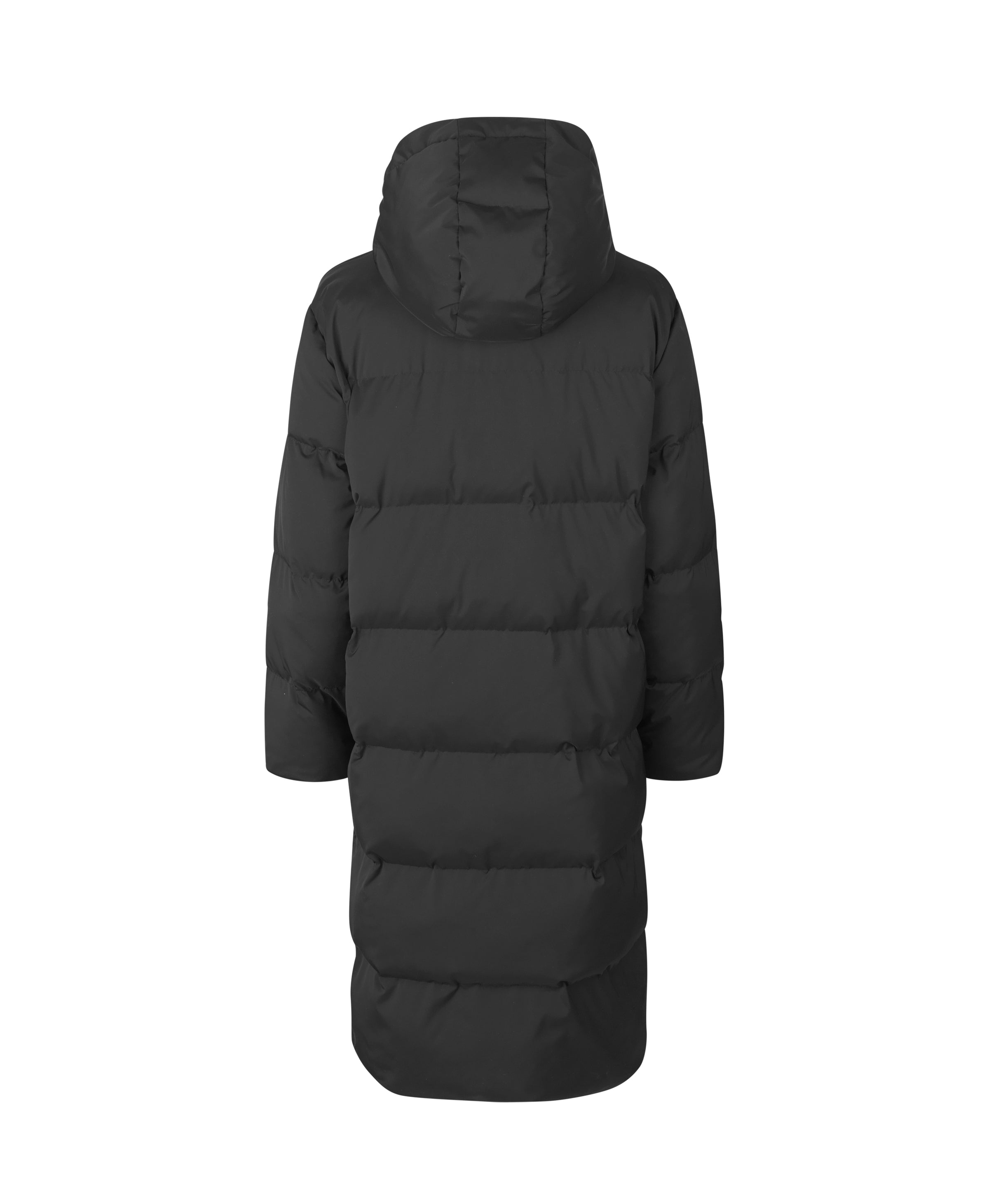 Long quilted and padded winter coat with full length zip fastening and large padded hood