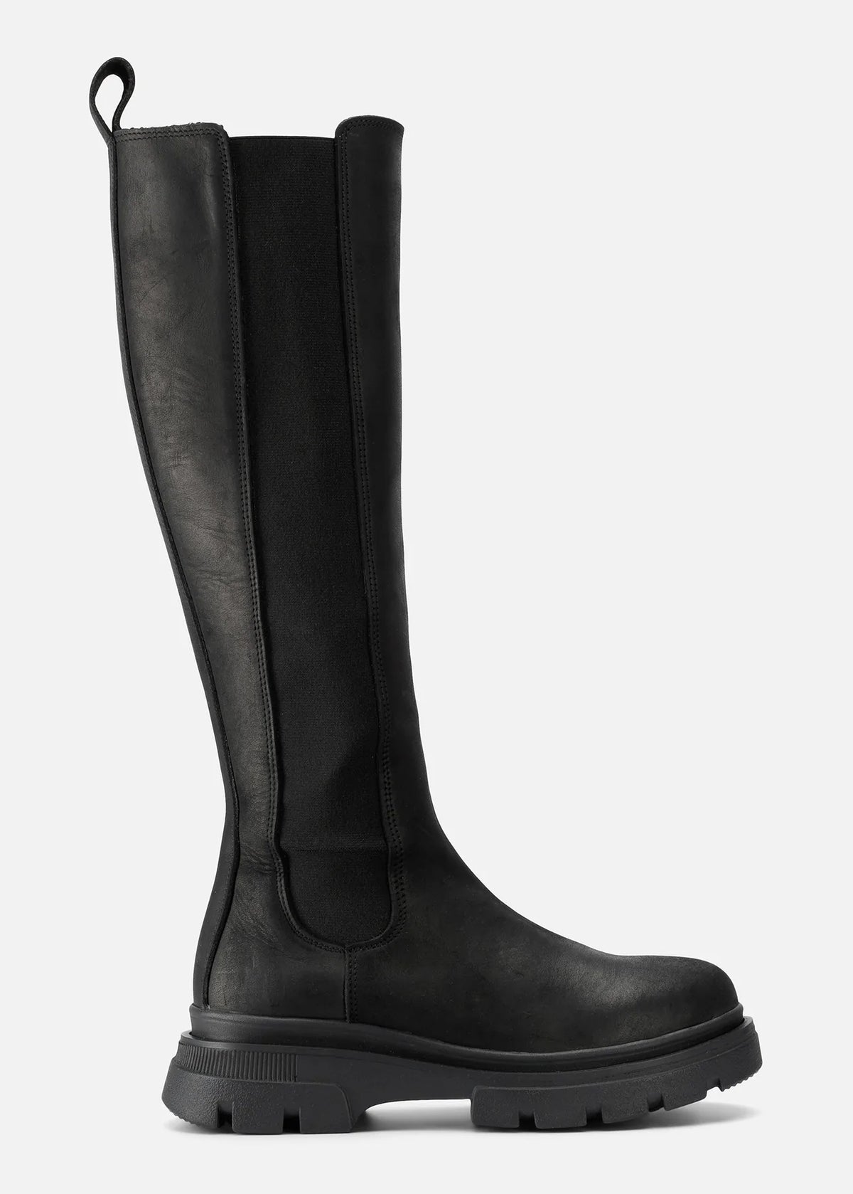 Black long waterproof boots with elastic side panels