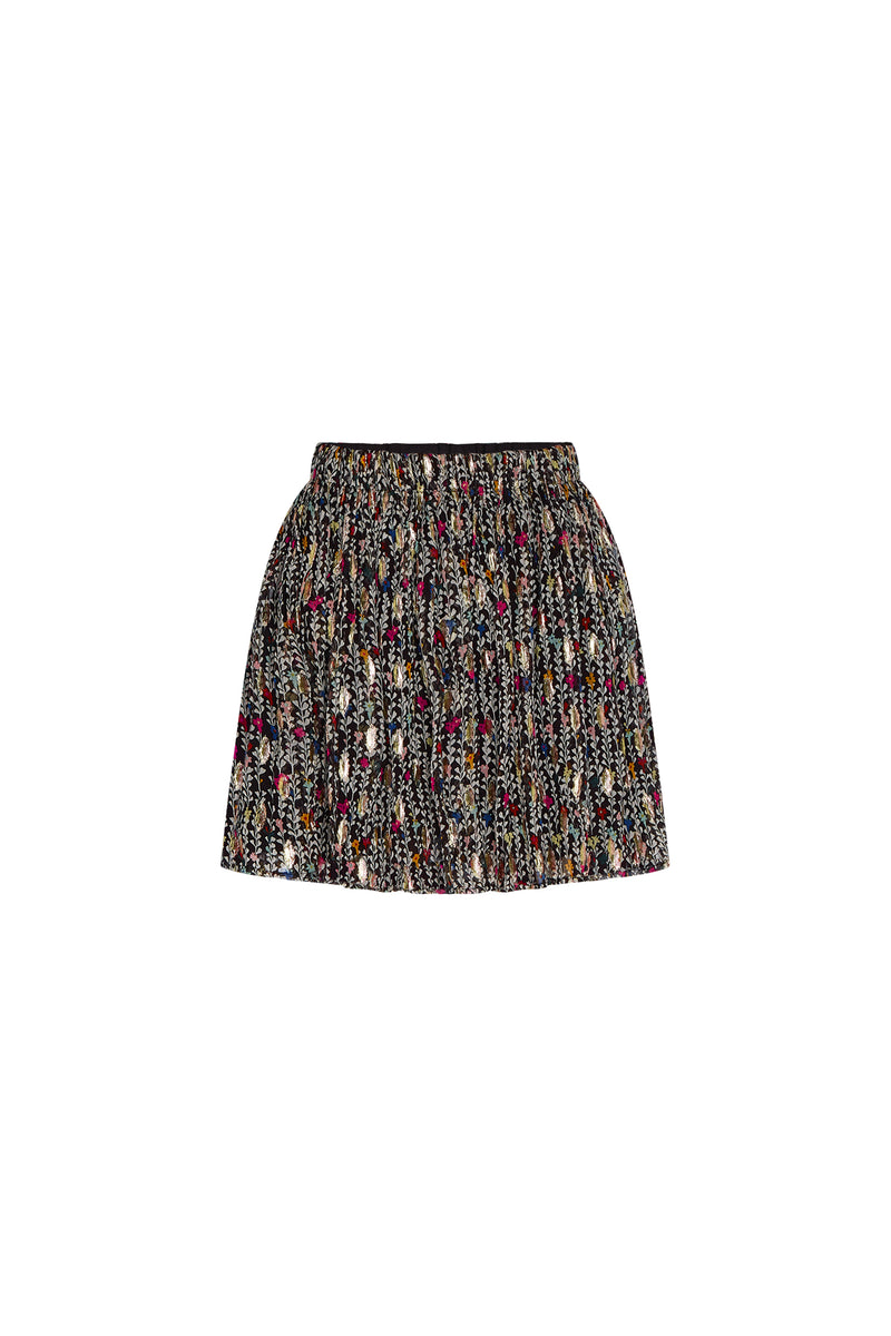 Mini skirt in black and floral print with  silver highlights