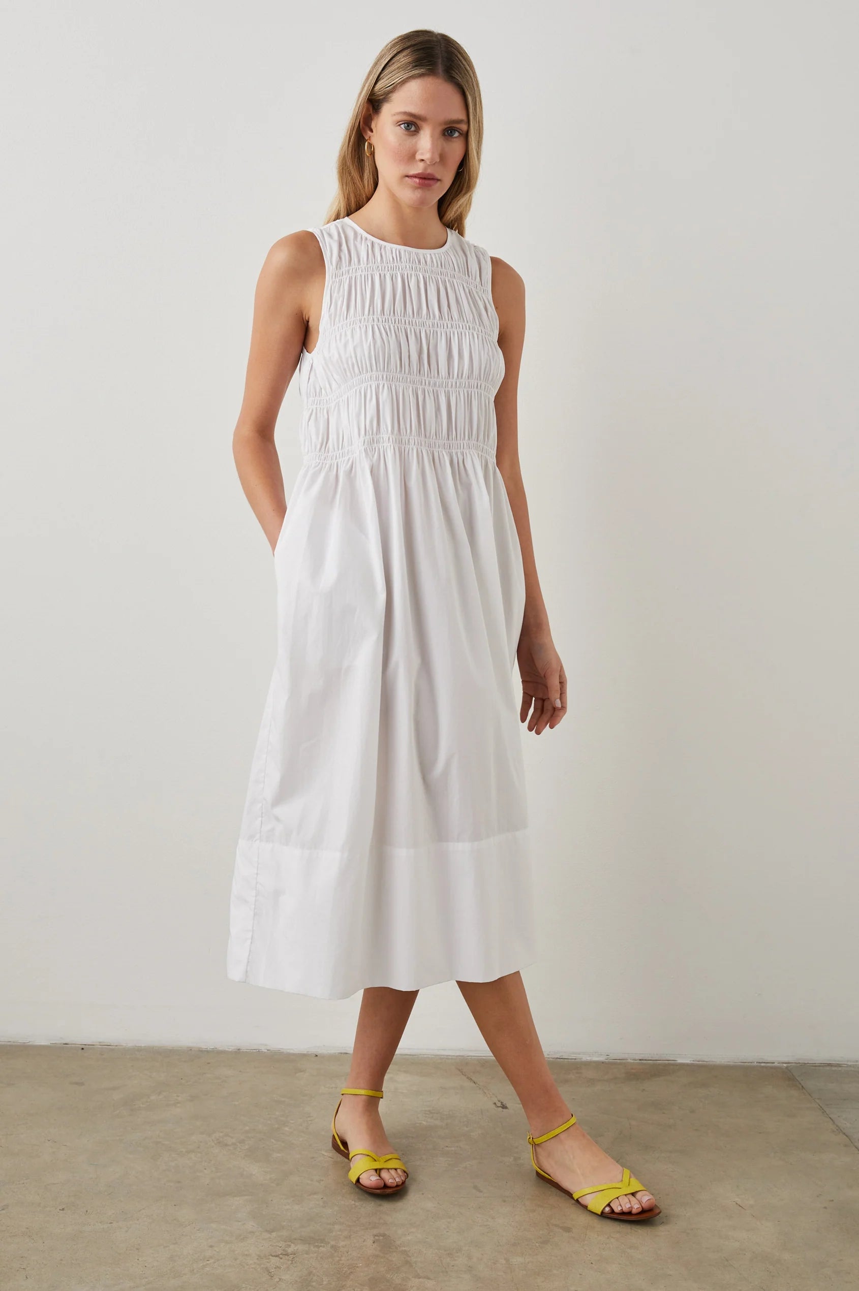 Smocked bodice white sleeveless midi dress