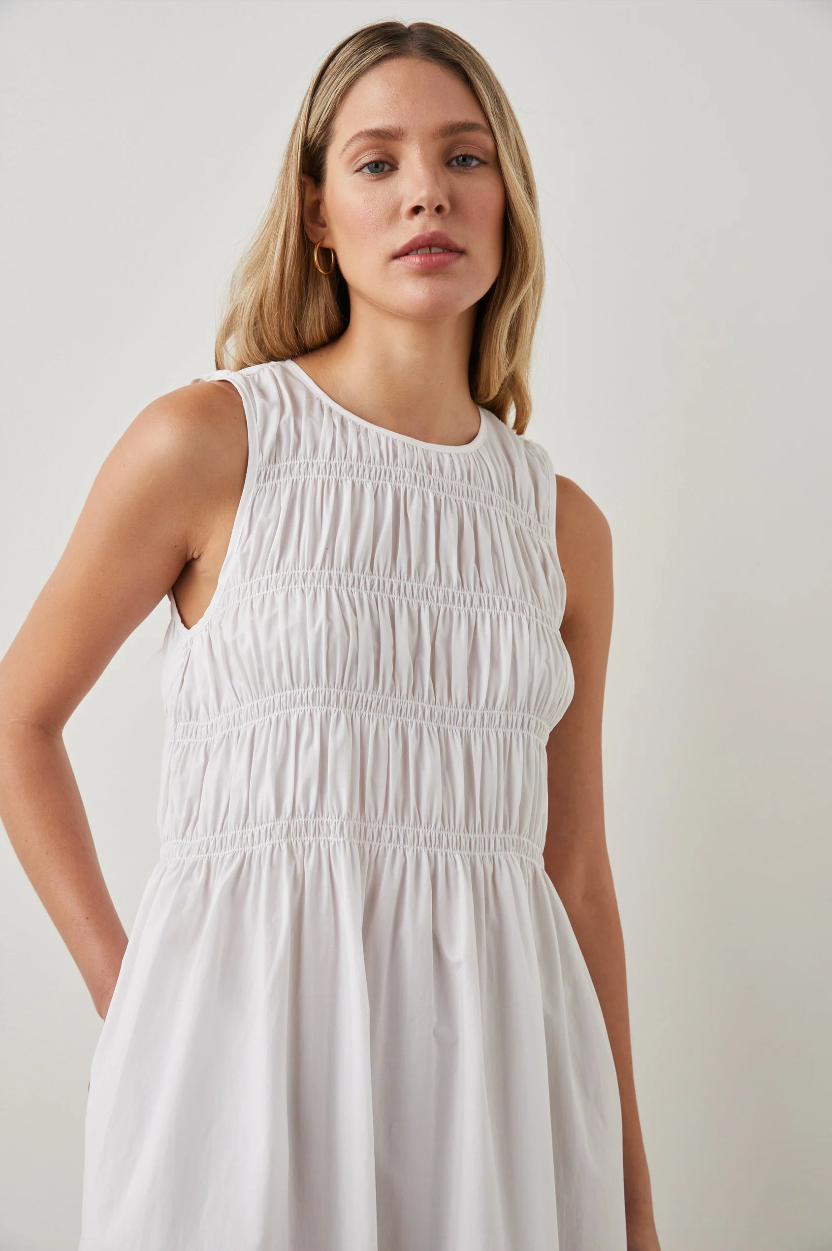 Smocked bodice white sleeveless midi dress