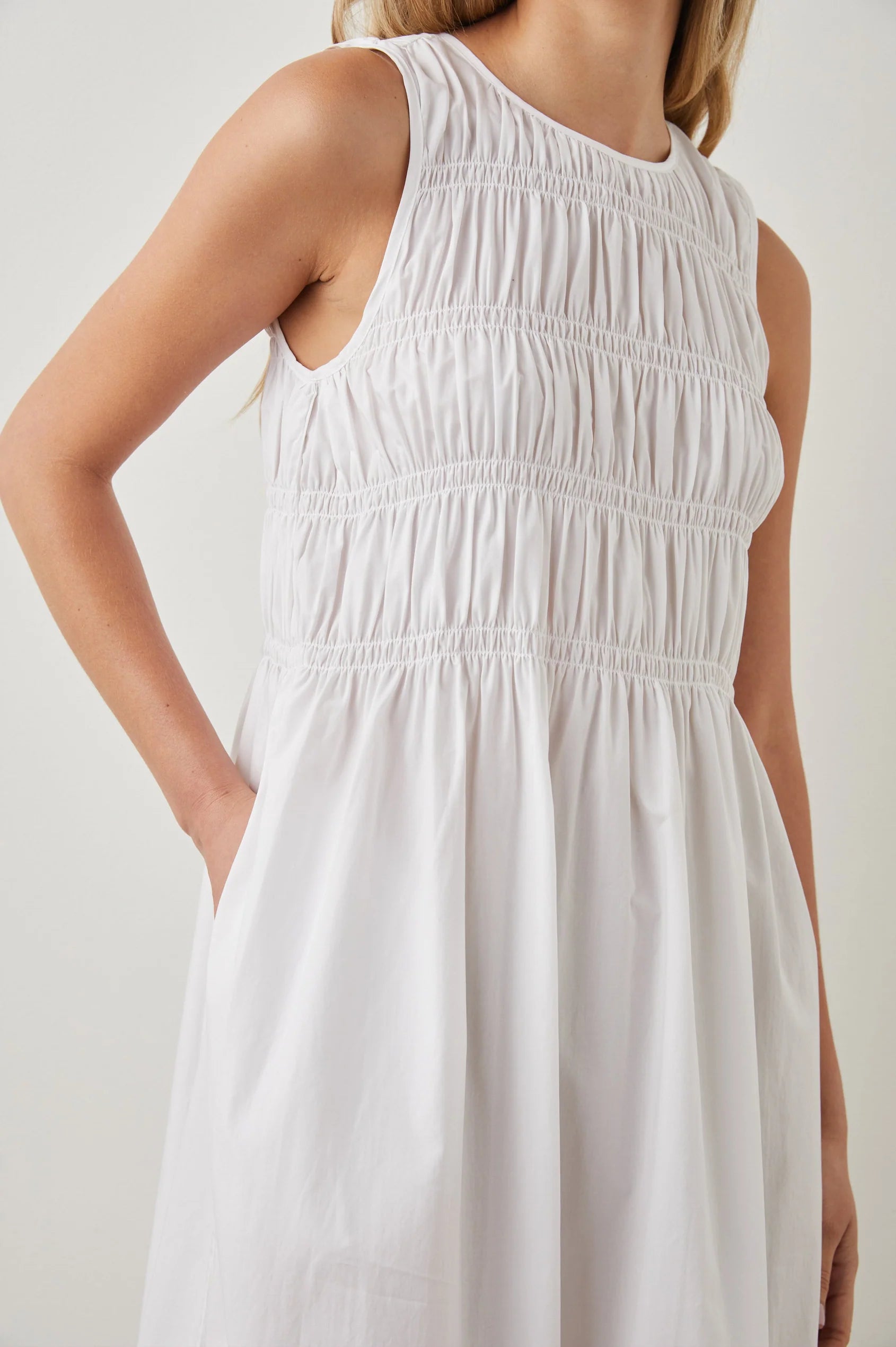 Smocked bodice white sleeveless midi dress