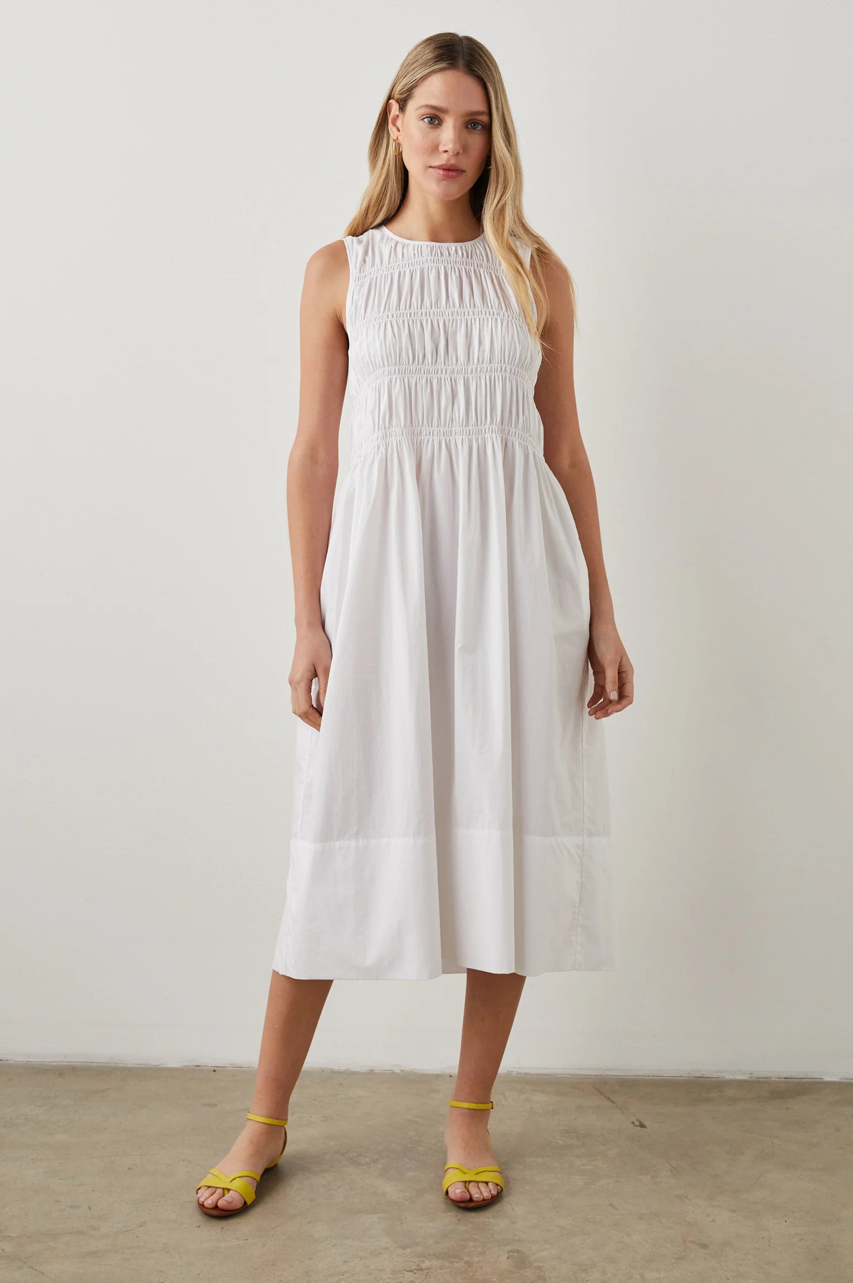 Smocked bodice white sleeveless midi dress