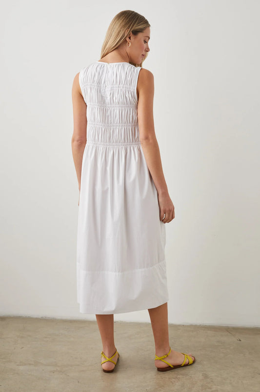 Smocked bodice white sleeveless midi dress