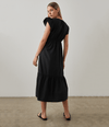 Black midi dress with deep v neckline and keyhole feature frill sleeves and a deep frill at the bottom of the skirt