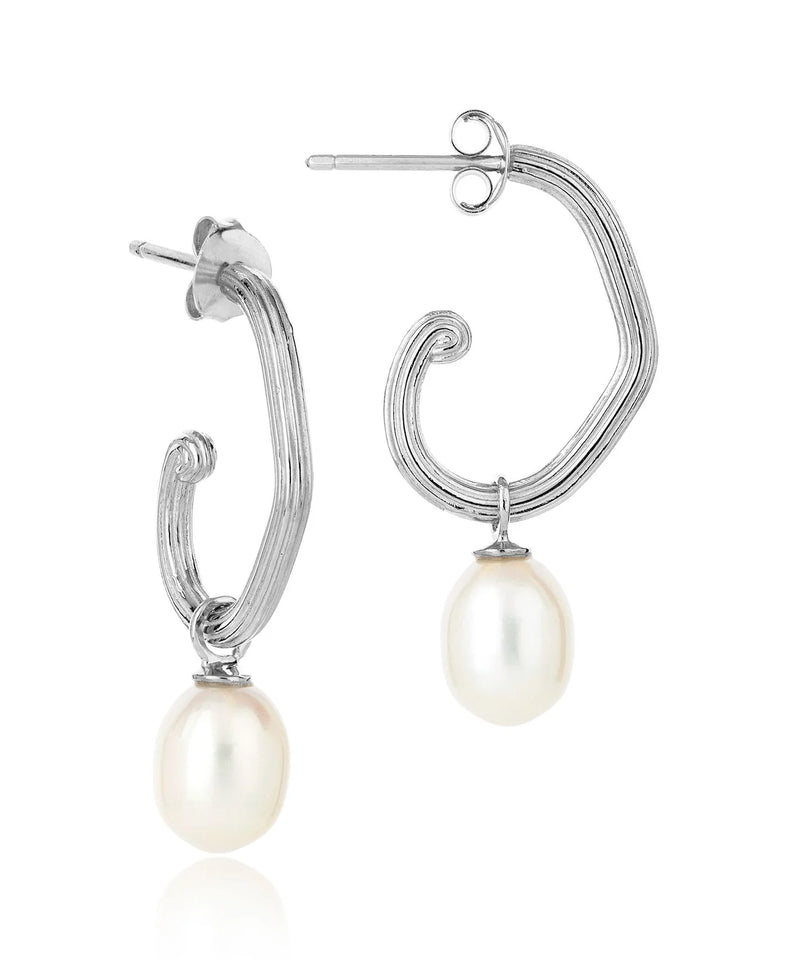 Silver grooved tubing hoop earrings with post and butterfly fastening and single pearl drop pendant