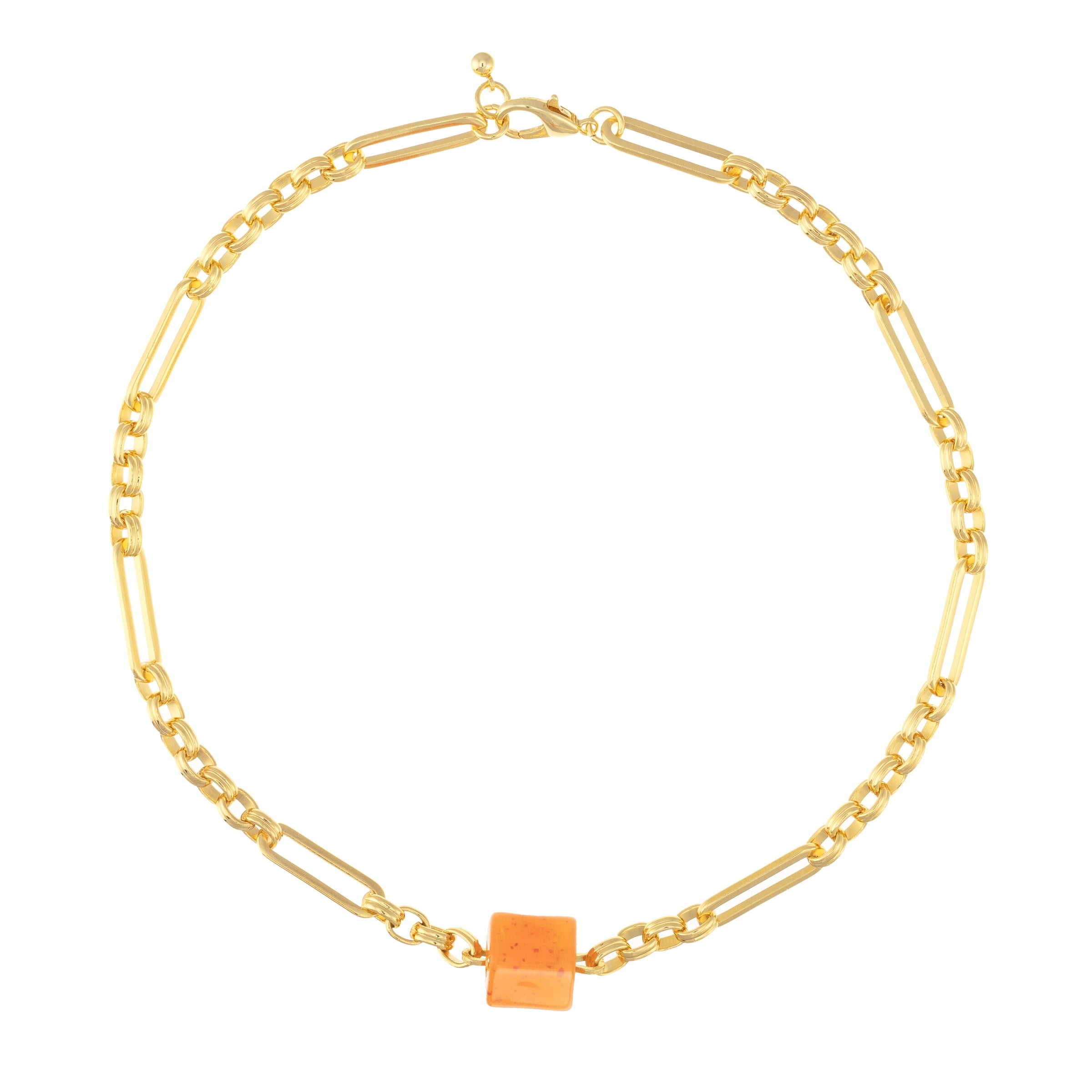 Gold chunky chain with lobster clasp and tangerine coloured cube