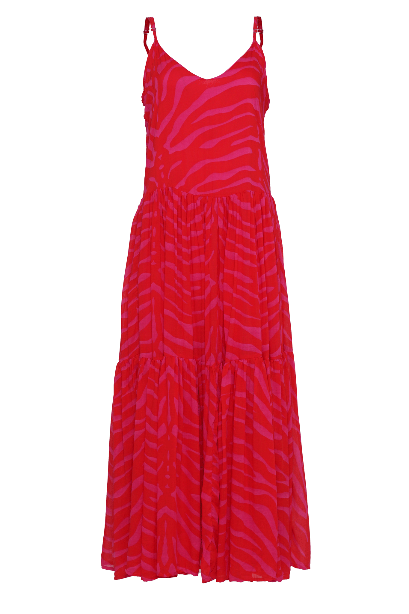 Red and pink zebra stripe summer dress with double tiered skirt and thin adjustable straps