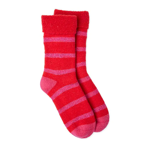 Red slipper socks with pink glitter stripes and contrast pink heel and toes