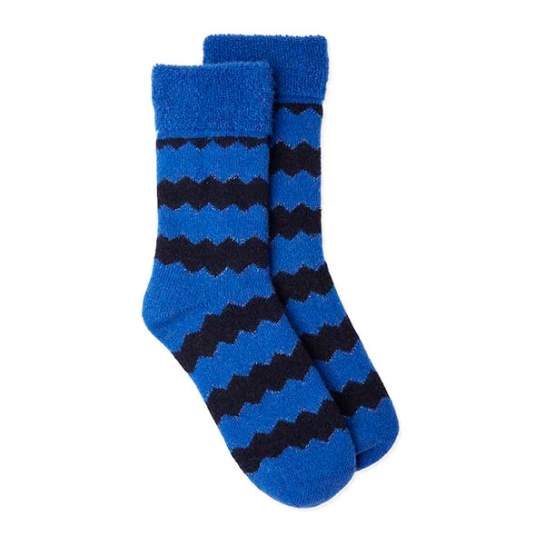 Royal blue slipper socks with black zigzag pattern