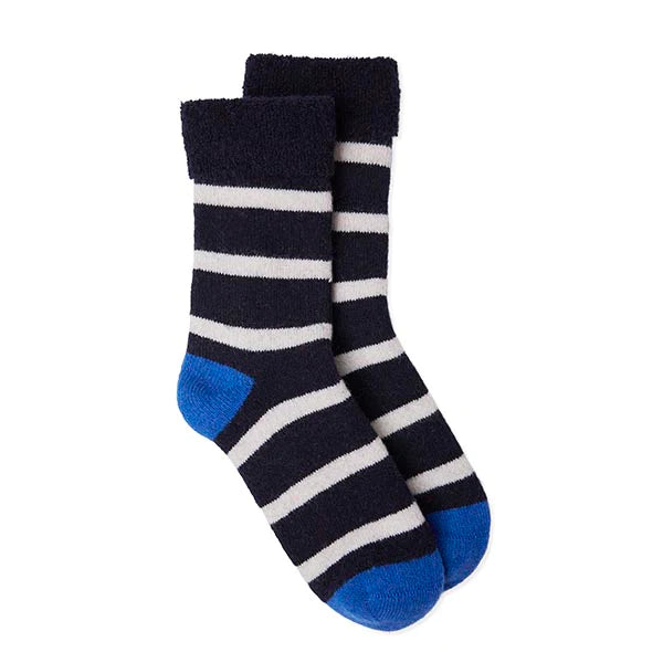 Navy and white stripe slipper socks with royal blue heel and toes