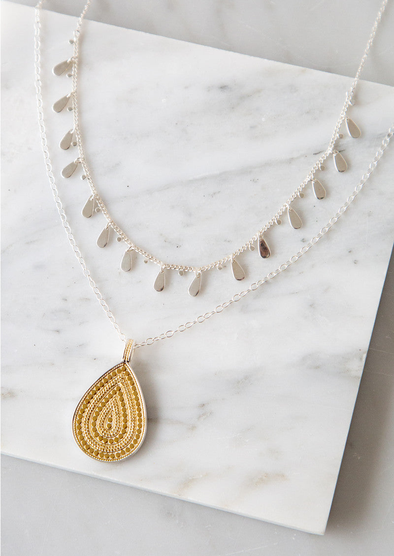 Gold choker necklace with small teardrop shaped gold pendants at regular intervals