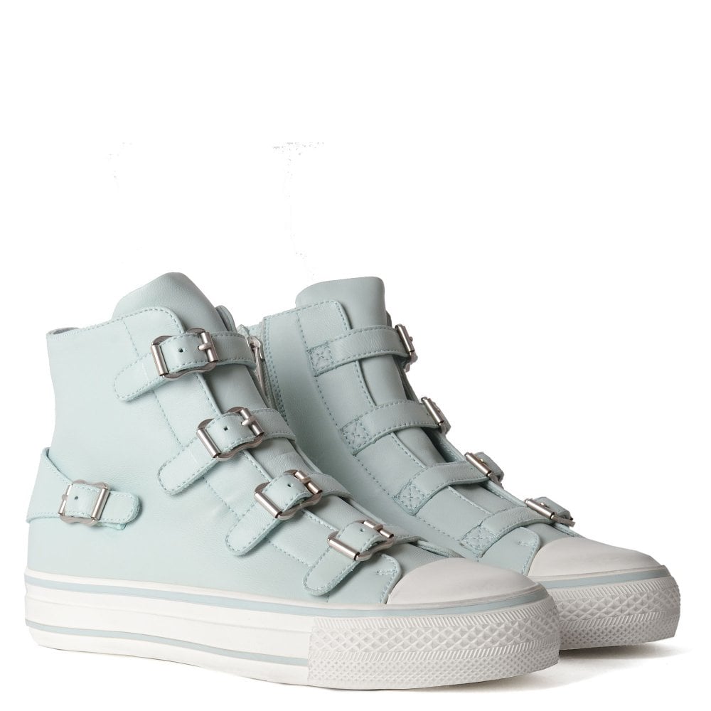 Pale blue leather high top with silver buckle details