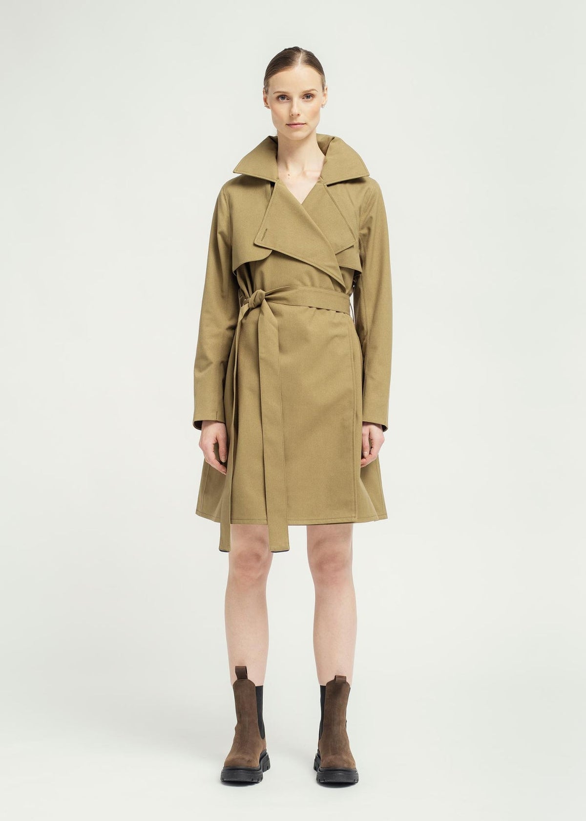 Green water and windproof trench coat with hidden hood in the collar