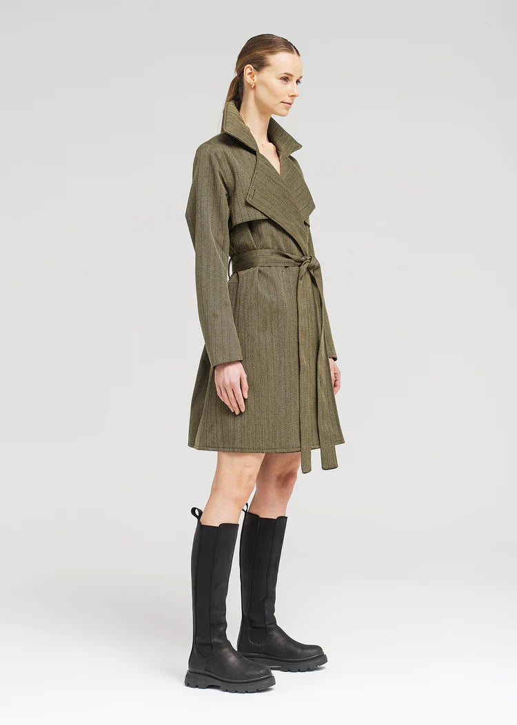 Tweed green wrap over classic collar rain coat with fabric self tie belt and hidden hood with magnetic fastenings