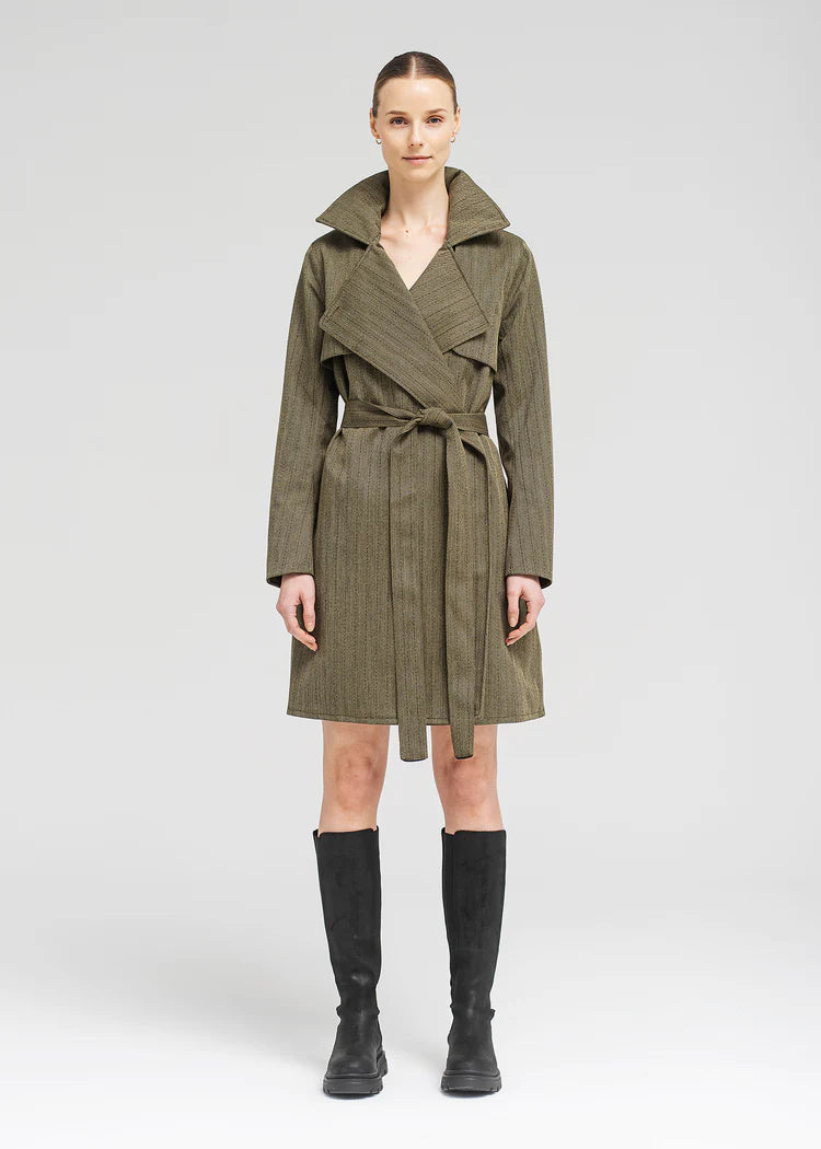 Tweed green wrap over classic collar rain coat with fabric self tie belt and hidden hood with magnetic fastenings