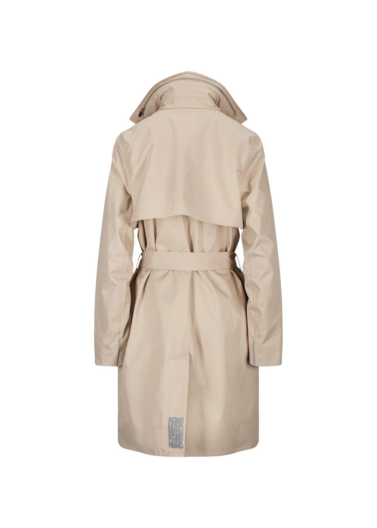 Beige raincoat with tie waist magnetic fastenings and large notch lapel with classic collar