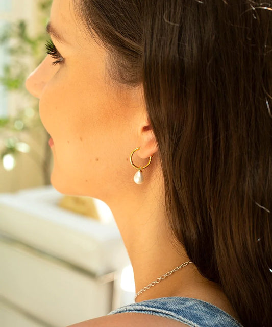 Gold plated sterling silver hoop earrings with removable pearl drop