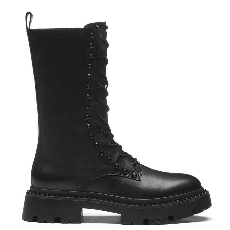 Black leather lace up boots with black stud detail