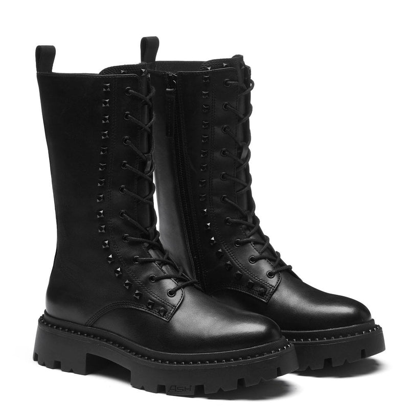Black leather lace up boots with black stud detail