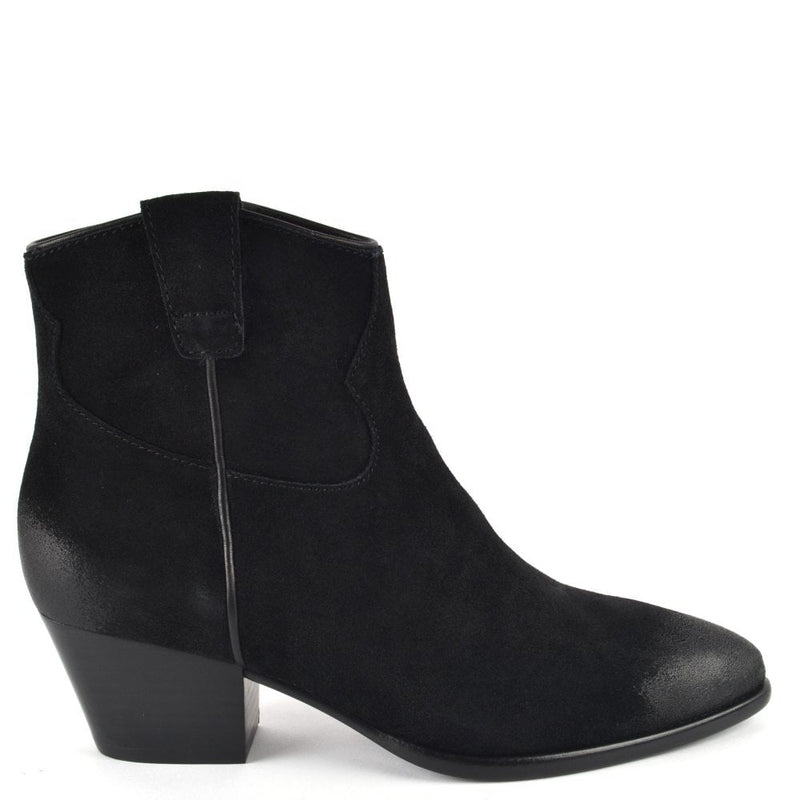 Western style ankle boot in soft black suede with waxed toe and heel detail