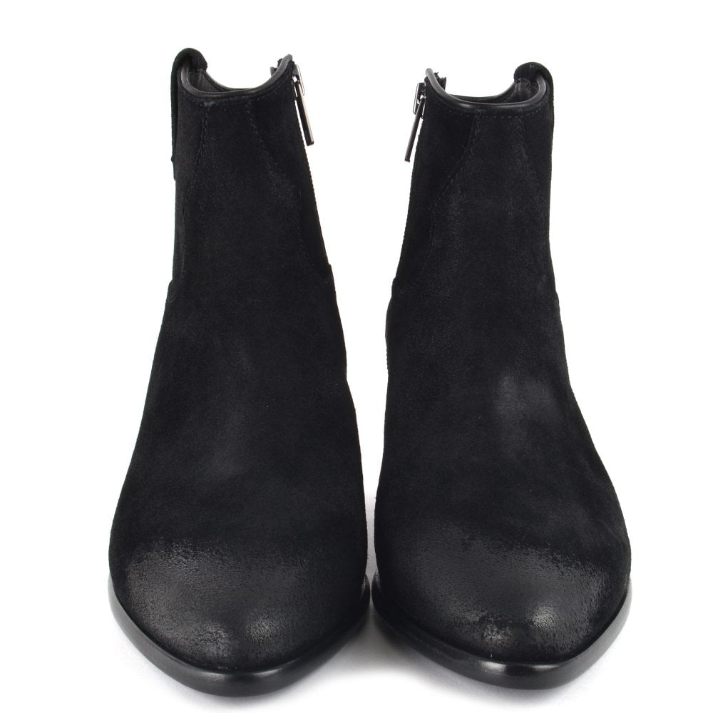 Western style ankle boot in soft black suede with waxed toe and heel detail