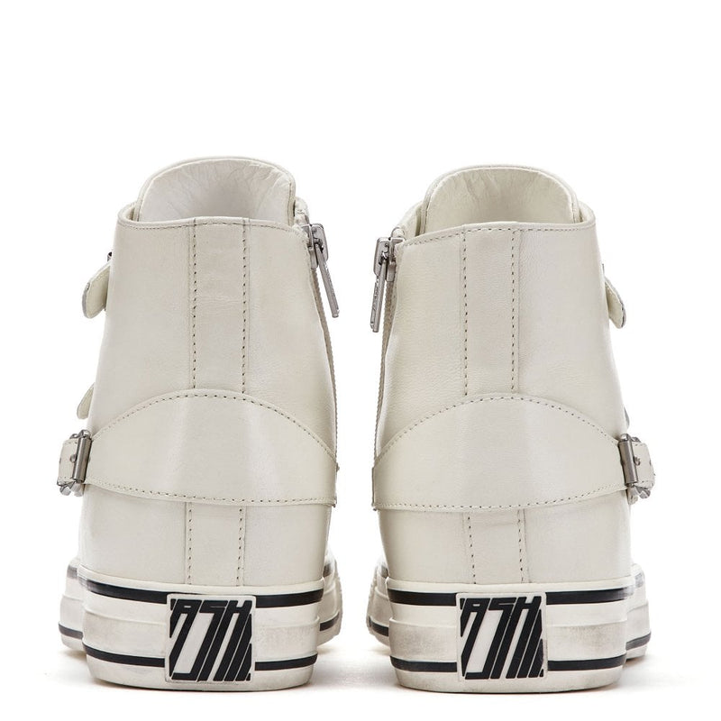 White leather high top with silver buckle details