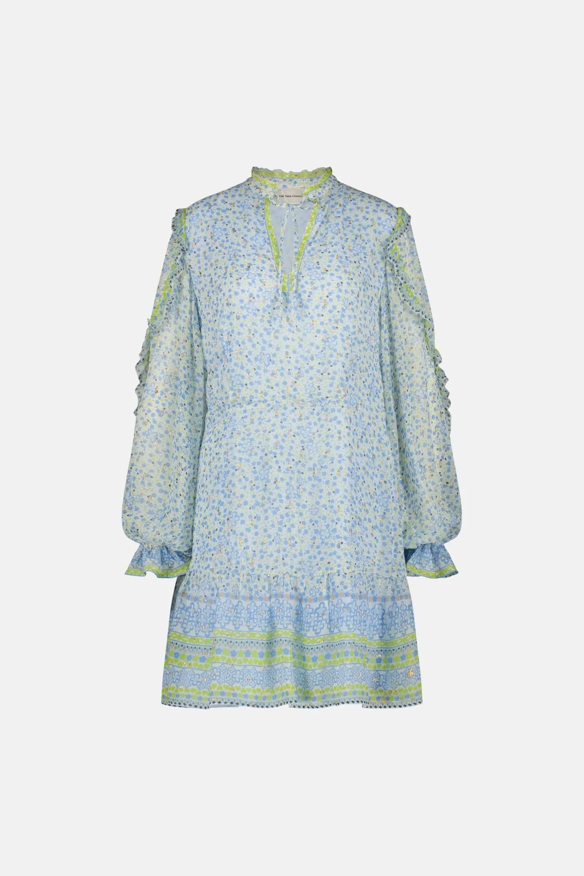 Short blue and green dress with long sleeves and elasticated cuff with frill hem and ruffle details
