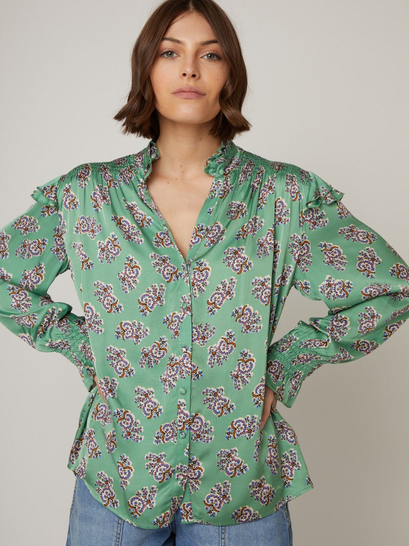 Green viscose blouse with floral print