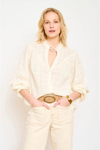Cream long sleeve blouse with small frill at the collar