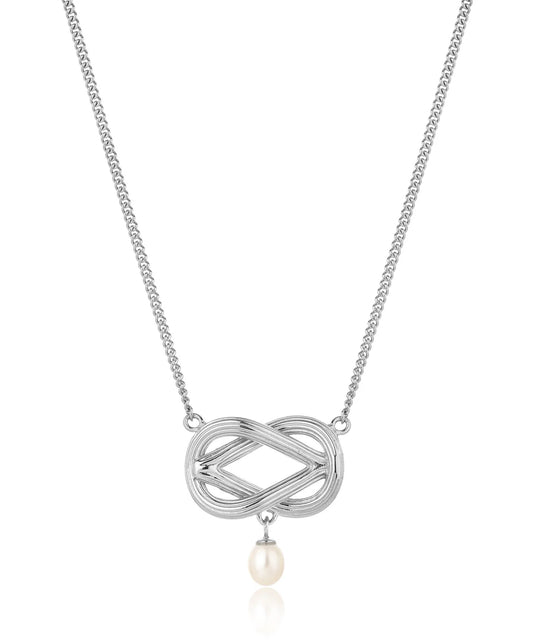 Twisted sterling silver knotted pendant necklace with single freshwater pearl drop