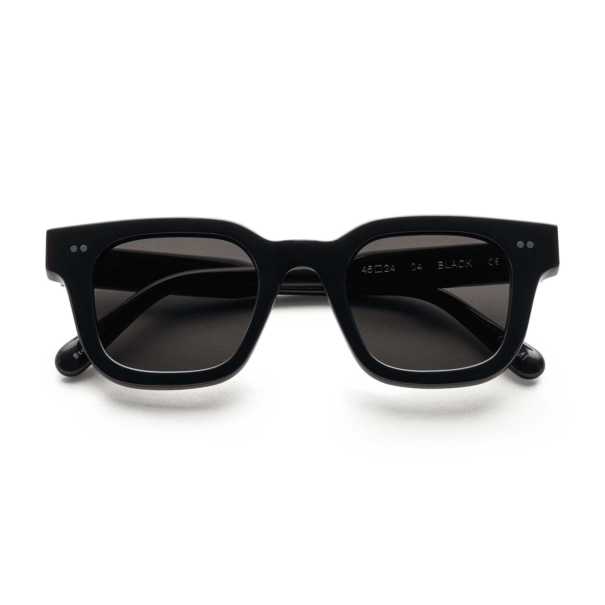 Black framed glasses with black lenses