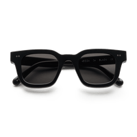 Black framed glasses with black lenses
