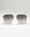 Silver coloured steel framed sunglasses with grey lenses