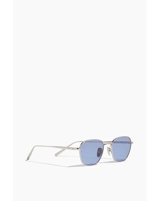 Steel framed sunglasses with frosted blue lense in steel