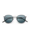 Steel framed round sunglasses with blue lenses