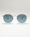Steel frame round sunglasses with a blue lense
